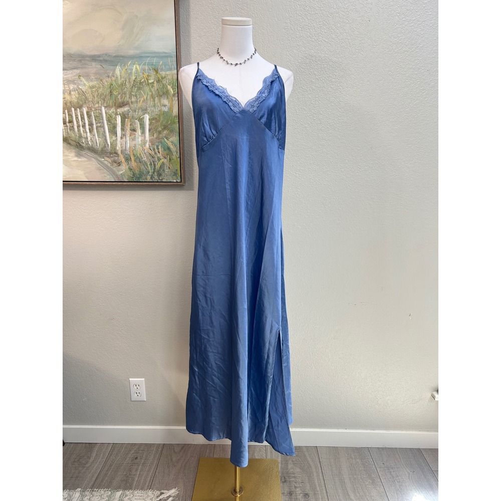 Blue Satin Lace Trim Maxi Nightgown Slip Dress XL Side Slit Lace Up Back